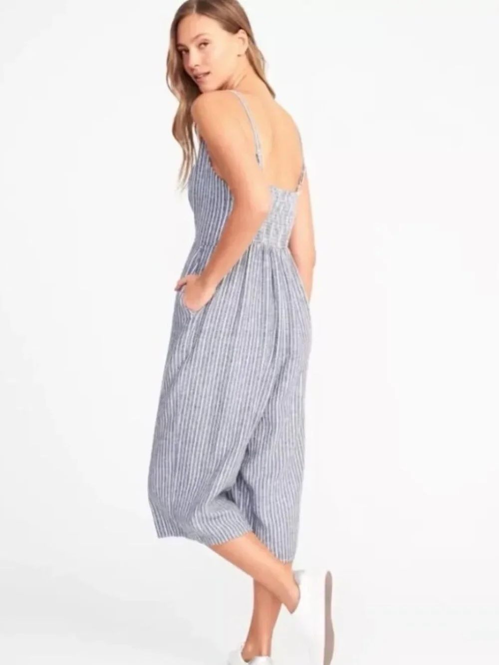 Old Navy Striped Linen Blend Smocked Jumpsuit | Wide Leg | Coastal Boho | S Tall